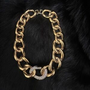 Vintage Givenchy Gold tone necklace curb link with pave set centerpiece
